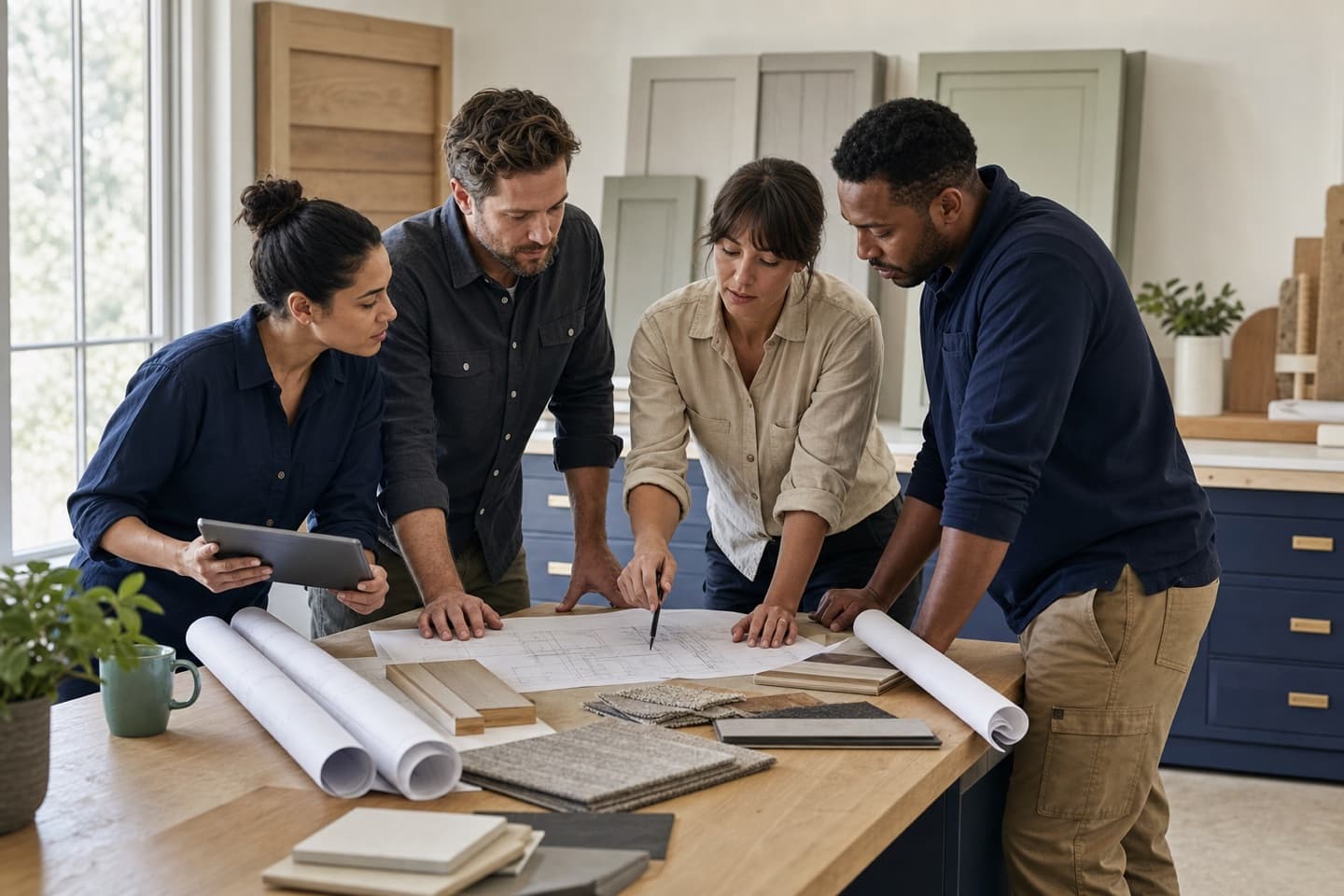 Team collaborating over a plan